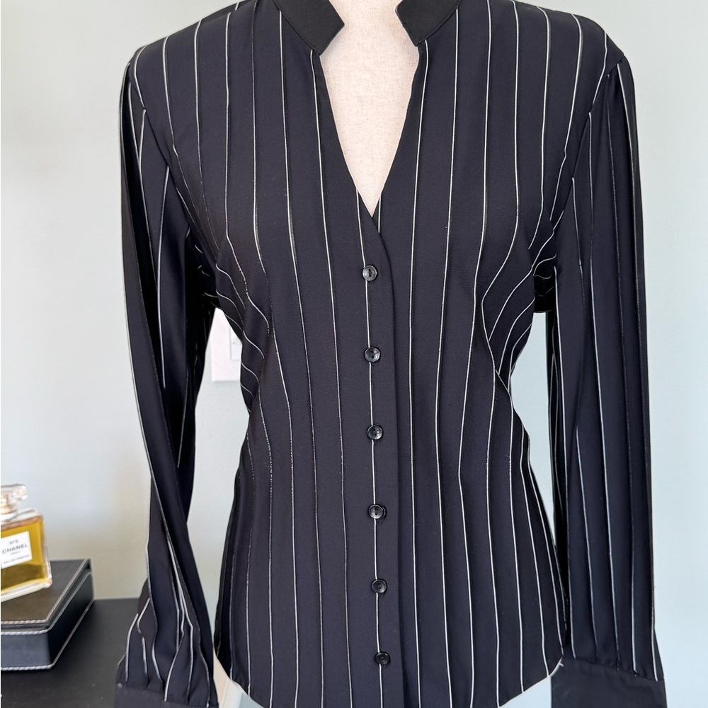 Valerie Stevens Black Pinstripe Button Down Shirt Women’s SZ L